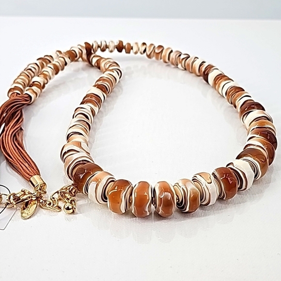 Chico's Long Rustic Stone Statement Necklace w Faux Leather Fringe & Gold Chain - Picture 10 of 13